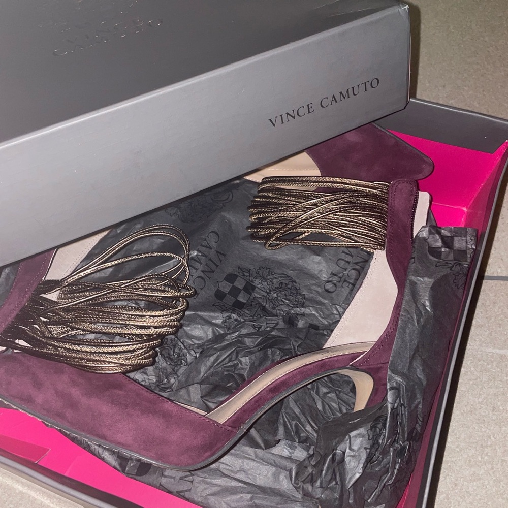 Vince Camuto Women’s NAYZ Pointed Toe Plum/Gold Ankle Strap Suede Heel